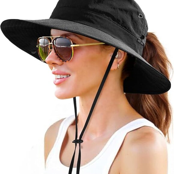 Sun Hats for Women with Ponytail Hole Wide Brim Beach Bucket Hat UPF 50+ main image 4